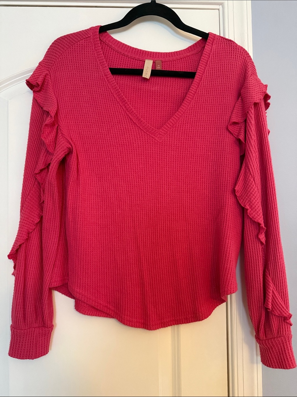 Pilcro Hot Pink Waffle-Knit V-Neck Ruffle Sleeve Top